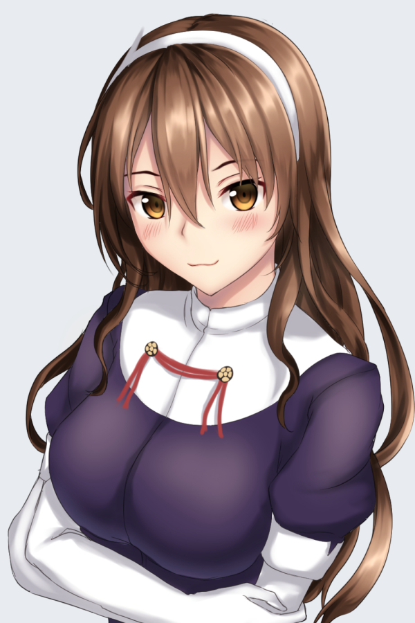 ashigara_(kantai_collection) blush breasts brown_eyes brown_hair crossed_arms elbow_gloves gloves grey_background hairband kantai_collection large_breasts looking_at_viewer tapisuke