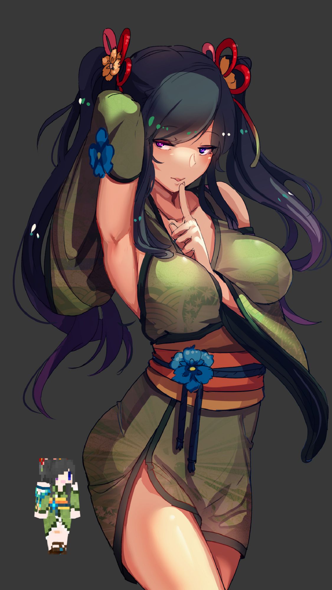 1girl arm_up armpits at2. bangs between_breasts black_background black_hair blush breasts cowboy_shot detached_sleeves eyebrows_visible_through_hair finger_to_mouth flower green_kimono hair_flower hair_ornament hair_ribbon hand_between_breasts hand_in_hair heterochromia highres index_finger_raised japanese_clothes kimono large_breasts leaf_print long_sleeves looking_at_viewer minecraft multiple_views obi parted_lips pink_eyes print_kimono red_ribbon ribbon sash short_kimono shushing side_slit simple_background smile standing thighs tsurime twintails violet_eyes wide_sleeves