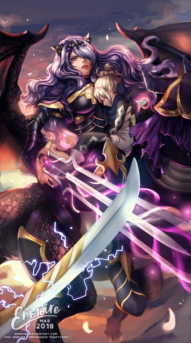 2girls armor armored_boots axe barefoot black_armor black_footwear black_panties boots breasts camilla_(fire_emblem_if) cape cleavage closed_eyes dragon fire_emblem fire_emblem_if gloves grey_hair groin hair_bun hair_over_one_eye high_heel_boots high_heels highres jewelry kanna_(fire_emblem_if) large_breasts lips long_hair multiple_girls panties pointy_ears purple_hair simple_background thigh-highs thigh_boots thighs tiara underwear very_long_hair violet_eyes wavy_hair wyvern