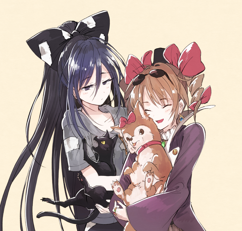 2girls animal beige_background black_cat black_hat blue_bow blue_eyes blue_hair bow brown_hair cat closed_eyes collar debt dog drill_hair earrings eyewear_on_head hair_bow hat hisona_(suaritesumi) holding holding_animal hood hood_down hoodie jacket jewelry long_hair multiple_girls necklace purple_jacket red_bow ring shiny shiny_hair siblings simple_background sisters smile sunglasses top_hat touhou twin_drills very_long_hair yorigami_jo'on yorigami_shion