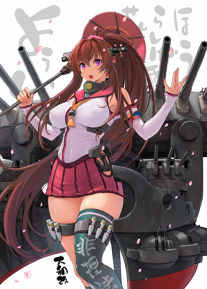 1girl anchor background_text breasts brown_hair cherry_blossoms detached_sleeves feet_out_of_frame hair_between_eyes hair_intakes headgear hip_vent jewelry kantai_collection large_breasts long_hair miniskirt nyanko_batake open_mouth oriental_umbrella panties pantyshot pantyshot_(standing) petals pink_panties pleated_skirt red_skirt remodel_(kantai_collection) rigging ring simple_background single_thighhigh skirt sleeves_past_wrists solo standing thigh-highs thighs turret umbrella underwear violet_eyes wedding_band white_background yamato_(kantai_collection) z-flag