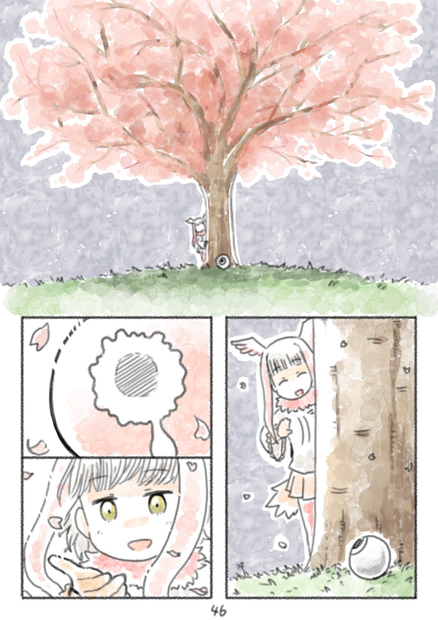 1girl :d bangs blunt_bangs cerulean_(kemono_friends) comic grass head_wings highres japanese_crested_ibis_(kemono_friends) kemono_friends multicolored_hair murakami_rei open_mouth page_number petals redhead silent_comic smile tree under_tree wavy_eyes white_hair yellow_eyes