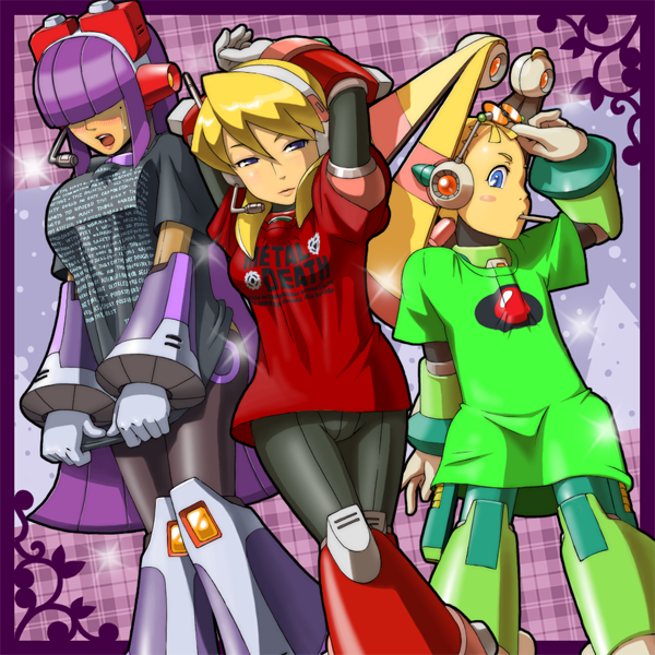 3girls alia_(rockman) android arm_over_head arms_behind_head bangs blonde_hair blue_eyes blush candy commentary_request dark_skin eyewear_on_head food fringe gloves hair_over_eyes headgear headphones hime_cut layer lips lollipop looking_to_the_side multiple_girls napo open_mouth palette_(rockman) purple_hair rockman rockman_x rockman_x8 shirt shirt_grab shirt_pull sidelocks t-shirt white_gloves