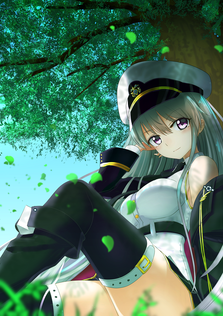 1girl azur_lane black_belt black_coat black_footwear black_legwear black_neckwear blue_sky boots coat collared_shirt enterprise_(azur_lane) eyebrows_visible_through_hair grass hair_between_eyes hat long_hair looking_at_viewer military miniskirt necktie open_clothes open_coat peaked_cap reclining shade shirt silver_hair skirt sky sleeveless sleeveless_shirt smile thigh-highs tree_shade underbust violet_eyes west_(vaem5527) white_hat