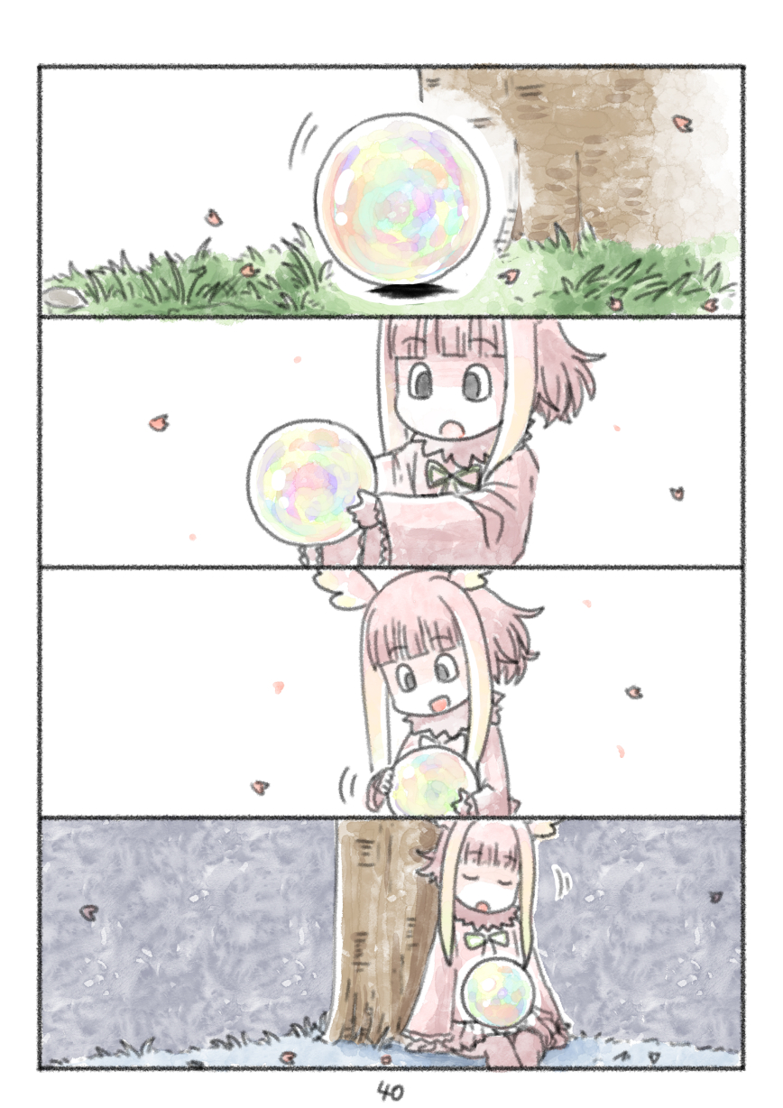 1girl 4koma bangs blunt_bangs cerulean_(kemono_friends) cherry_blossoms comic grass highres japanese_crested_ibis_(kemono_friends) kemono_friends murakami_rei page_number sandstar silent_comic sitting solo sphere tree under_tree