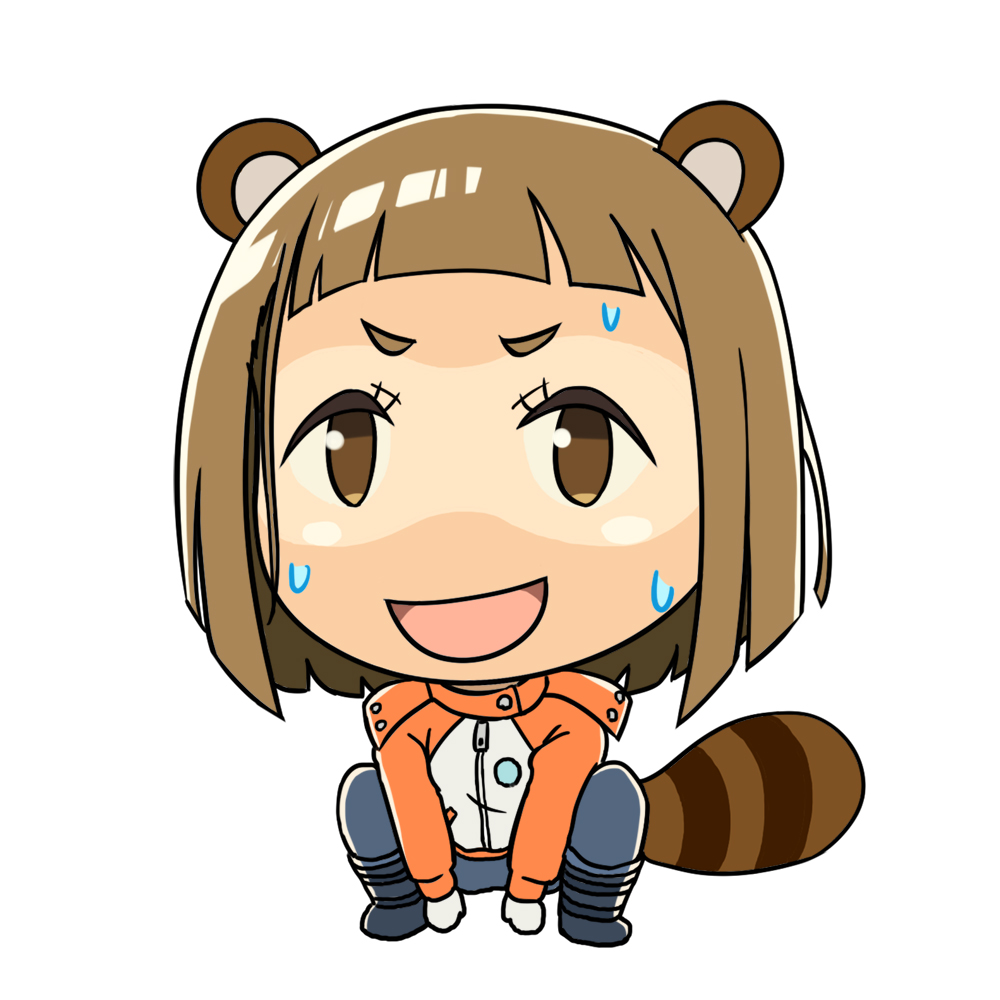 1girl :d animal_ears bangs blunt_bangs boots brown_eyes brown_hair chibi coat commentary_request denden embarrassed open_mouth pants raccoon_ears raccoon_tail simple_background smile solo sora_yori_mo_tooi_basho squatting sweatdrop tail tamaki_mari tan tanline white_background