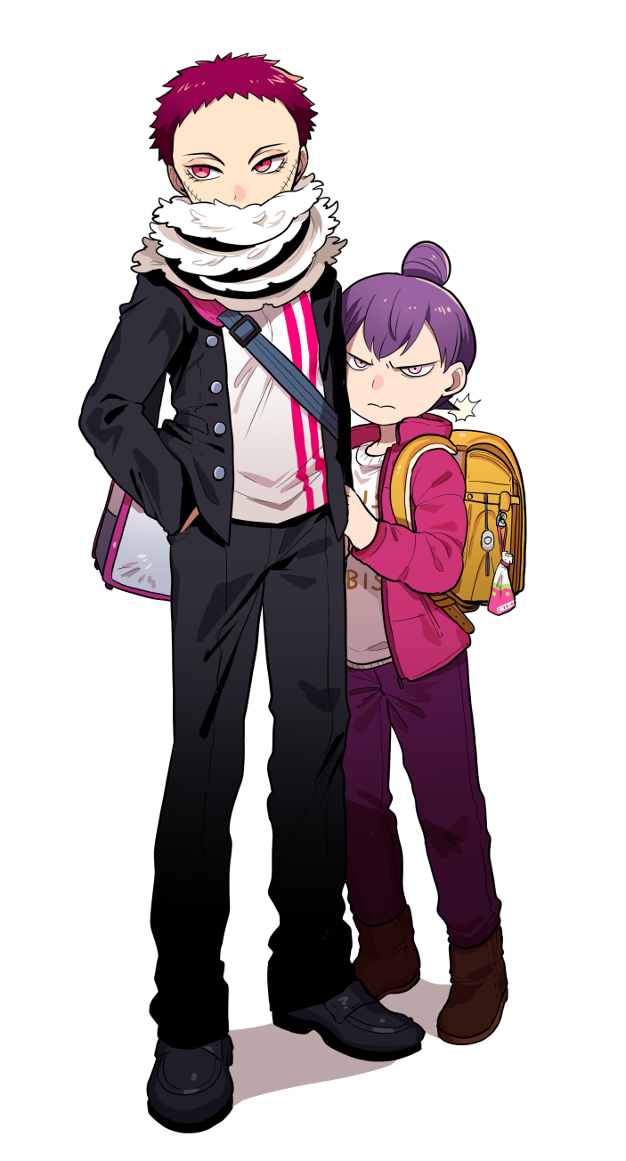 2boys alternate_costume arm_at_side backpack bag black_footwear black_jacket black_pants brothers brown_footwear buttons casual charlotte_cracker charlotte_katakuri closed_mouth clothes_writing contemporary covered_mouth full_body hair_bun hand_in_pocket hand_on_another's_arm hand_up height_difference highres jacket keychain kinakotatu looking_at_viewer looking_to_the_side male_focus multiple_boys no_eyebrows one_piece open_clothes open_jacket pants pink_eyes pink_jacket purple_hair purple_pants red_eyes redhead scar scarf shirt shoes short_hair shoulder_bag siblings simple_background standing stitches sweater white_background wrist_grab younger