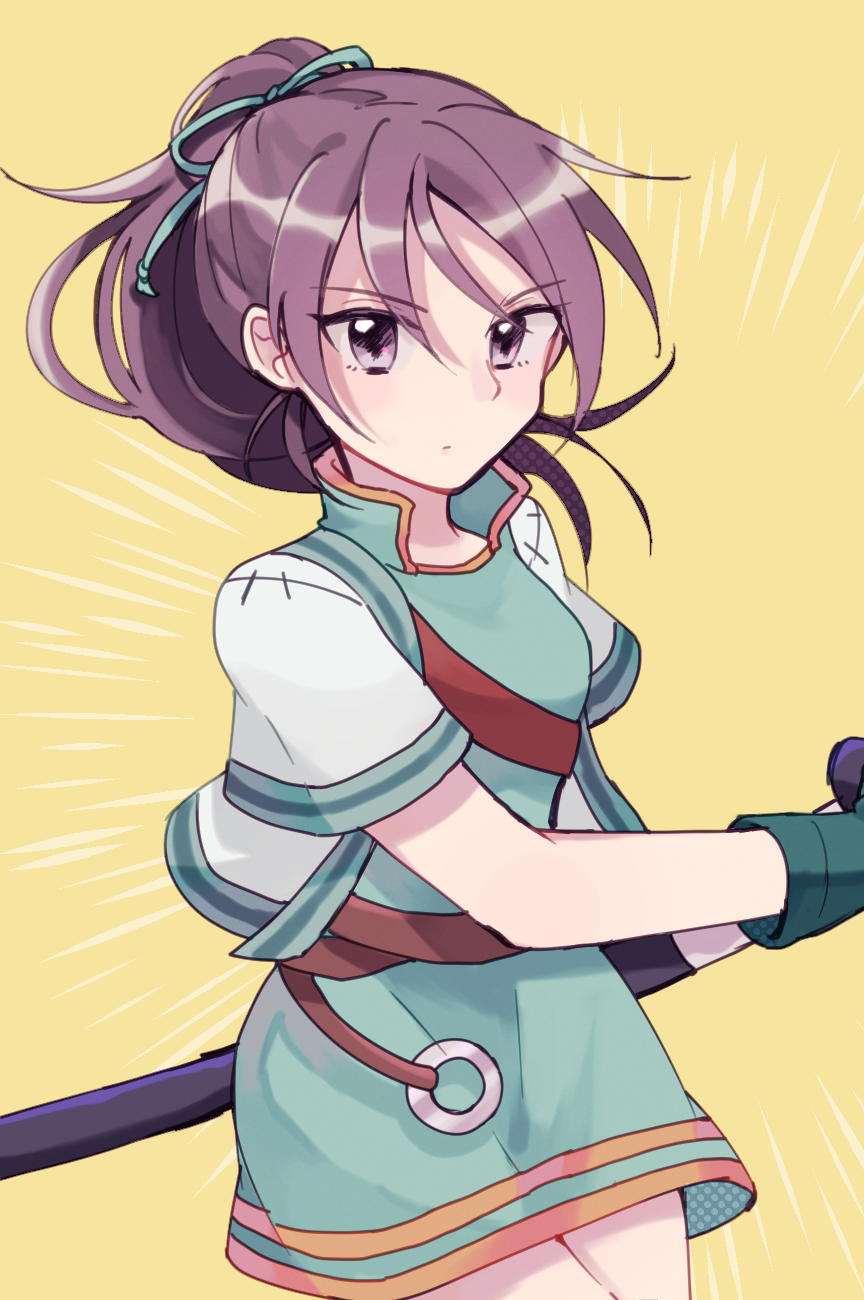 1girl breasts cowboy_shot dress emphasis_lines expressionless fir fire_emblem fire_emblem:_fuuin_no_tsurugi gloves hair_ribbon haori highres japanese_clothes katana looking_at_viewer ponytail purple_hair ribbon scabbard sheath sheathed short_dress short_hair simple_background sisuko1016 small_breasts solo sword violet_eyes weapon yellow_background