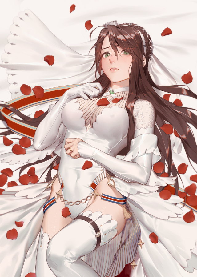 1girl ahoge alternate_costume bangs blush braid breasts bridal_gauntlets bridal_veil brown_hair cleavage covered_navel dress elbow_gloves erect_nipples floating_hair french_braid girls_frontline gloves green_eyes groin hair_between_eyes hair_ornament half-closed_eyes hand_on_own_chest jewelry large_breasts lee-enfield_(girls_frontline) leotard long_hair looking_at_viewer lying on_back parted_lips petals ring rj sidelocks simple_background solo sparkle strap tassel thigh-highs thighs twitter_username veil wedding_band wedding_dress white_gloves white_legwear white_leotard