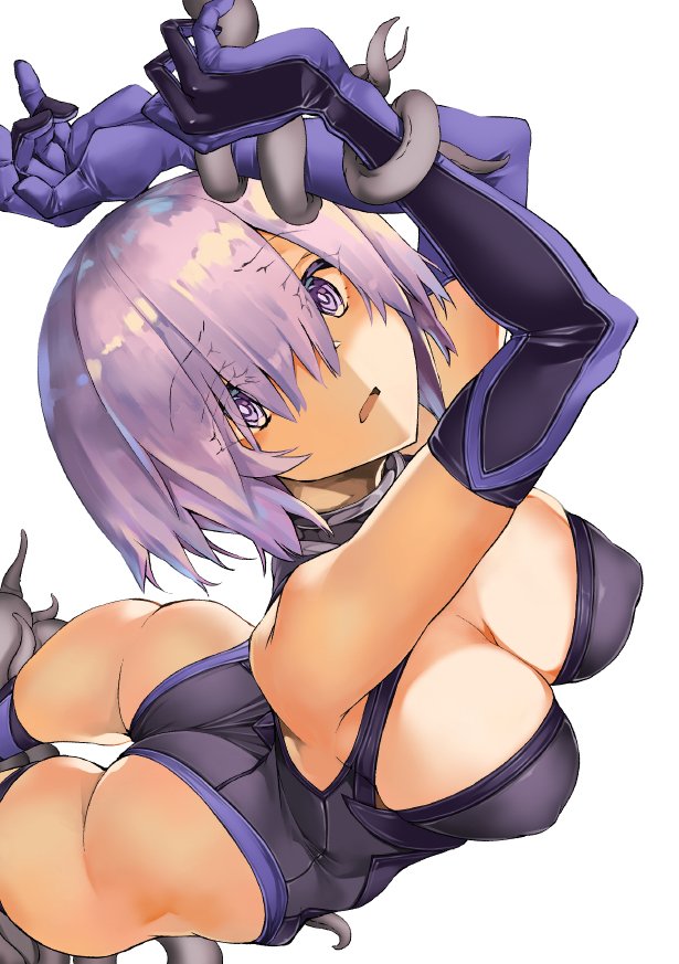 1girl ass breasts cleavage elbow_gloves eyebrows_visible_through_hair eyes_visible_through_hair fate/grand_order fate_(series) gloves hair_over_one_eye lavender_hair looking_at_viewer mash_kyrielight purple_gloves purple_hair short_hair solo zutta