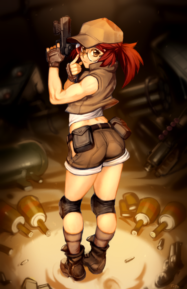 1girl ass baseball_cap belt breasts brown_eyes brown_hair closed_mouth commentary fio_germi from_behind glasses gun handgun hat knee_pads long_hair looking_at_viewer looking_back metal_slug midriff military ponytail shorts solo standing toned typo_(requiemdusk) vest weapon