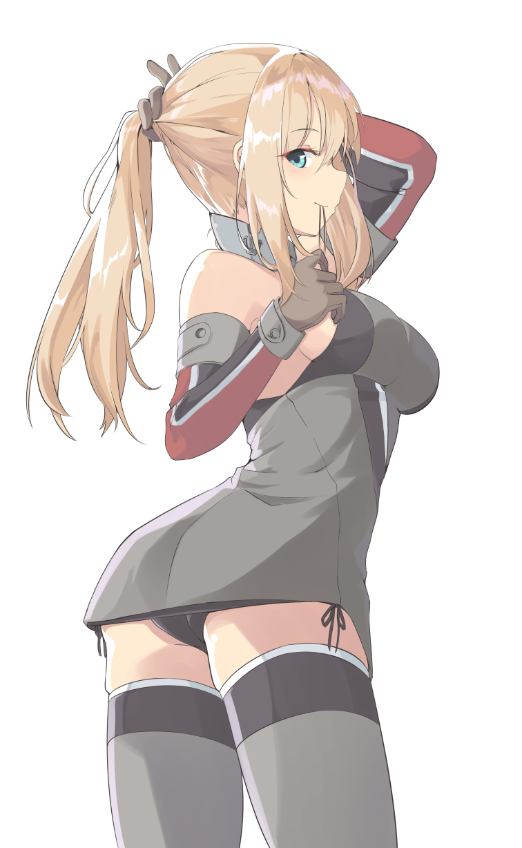 1girl anchor bangs bare_shoulders bismarck_(kantai_collection) black_gloves black_panties blonde_hair blue_eyes breasts collar cowboy_shot detached_sleeves gloves highres kantai_collection long_sleeves medium_breasts military military_uniform panties ponytail side-tie_panties sideboob simple_background smile solo thigh-highs tiasis underwear uniform white_background