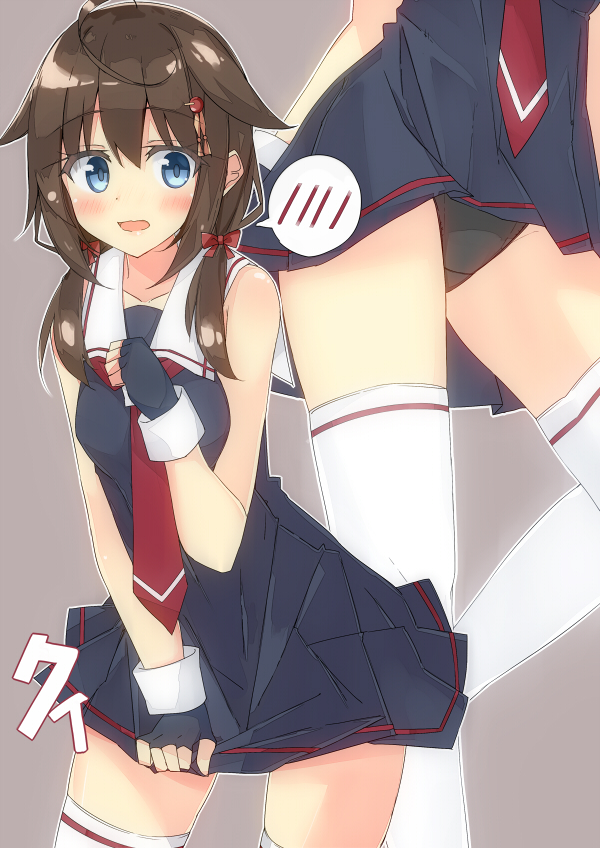 1girl adapted_costume black_dress black_panties blue_eyes brown_hair dress fingerless_gloves gloves hair_flaps hair_ornament kantai_collection low_twintails one_piece panties red_neckwear remodel_(kantai_collection) ribbon shigure_(kantai_collection) sleeveless sleeveless_dress solo su-suke thigh-highs twintails underwear white_legwear
