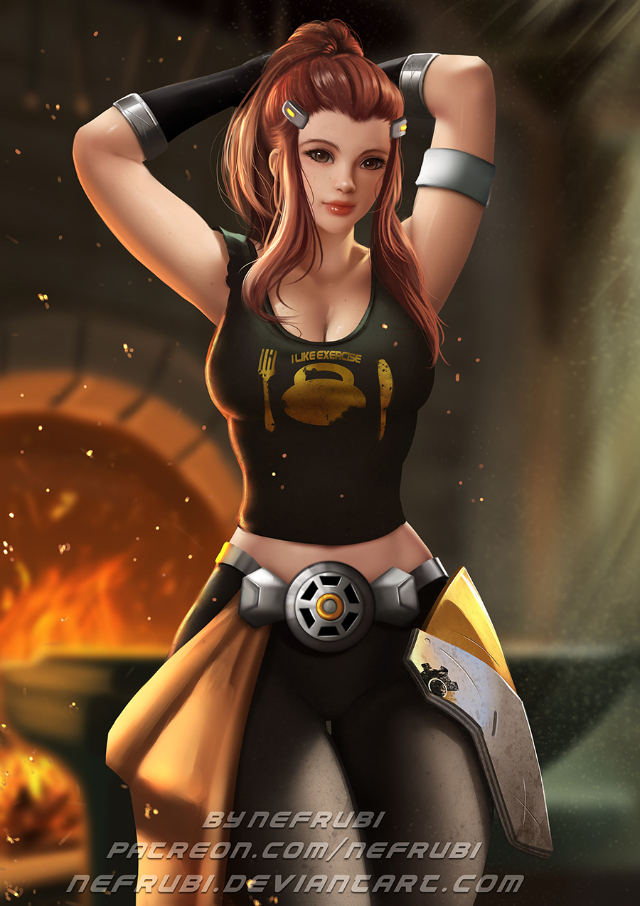 1girl armpits arms_up breasts brigitte_(overwatch) brown_eyes brown_hair cleavage facing_viewer faulds fire freckles hair_ornament hairclip highres lips long_hair looking_at_viewer medium_breasts midriff nefrubi oven overwatch pants patreon_username ponytail shoulder_tattoo sidelocks smile solo tank_top tattoo