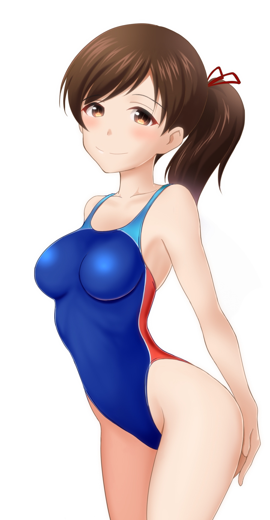 1girl bangs bare_shoulders blue_swimsuit blush breasts brown_eyes brown_hair collarbone competition_swimsuit eyebrows_visible_through_hair highleg highleg_swimsuit highres hips idolmaster idolmaster_cinderella_girls long_hair looking_at_viewer medium_breasts nitta_minami one-piece_swimsuit ponytail simple_background smile solo swept_bangs swimsuit taka_(takahirokun) thighs waist white_background