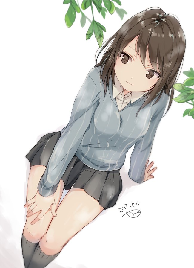 1girl artist_name bangs blue_shirt branch brown_eyes brown_hair closed_mouth commentary dated dress_shirt eyebrows_visible_through_hair from_above girls_und_panzer grey_legwear grey_skirt hand_on_own_leg keizoku_school_uniform leaf light_smile long_hair long_sleeves mika_(girls_und_panzer) miniskirt no_hat no_headwear pleated_skirt school_uniform shirt signature sitting skirt socks solo striped striped_shirt tam_a_mat thigh_gap vertical-striped_shirt vertical_stripes white_background white_shirt wing_collar