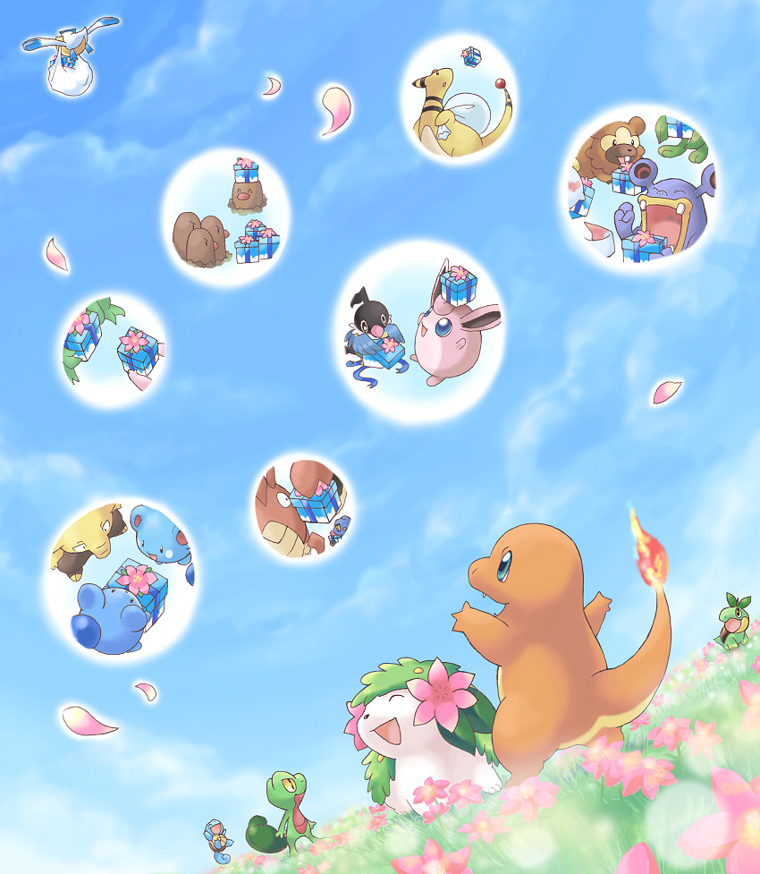 :d ampharos arms_up azurill bag bibarel blue_ribbon blue_sky charmander chatot chimecho closed_eyes commentary commentary_request corphish creature croagunk day diglett drowzee dugtrio dutch_angle fiery_tail flower fushigi_no_dungeon gen_1_pokemon gen_2_pokemon gen_3_pokemon gen_4_pokemon gift graphite_(medium) grass hair_flower hair_ornament happy holding holding_gift ibui_matsumoto jumping looking_away looking_up loudred no_humans on_head open_mouth outstretched_arms pelipper pokemon pokemon_(creature) pokemon_fushigi_no_dungeon ribbon shaymin sky smile squirtle standing sunflora traditional_media treecko turtwig wigglytuff