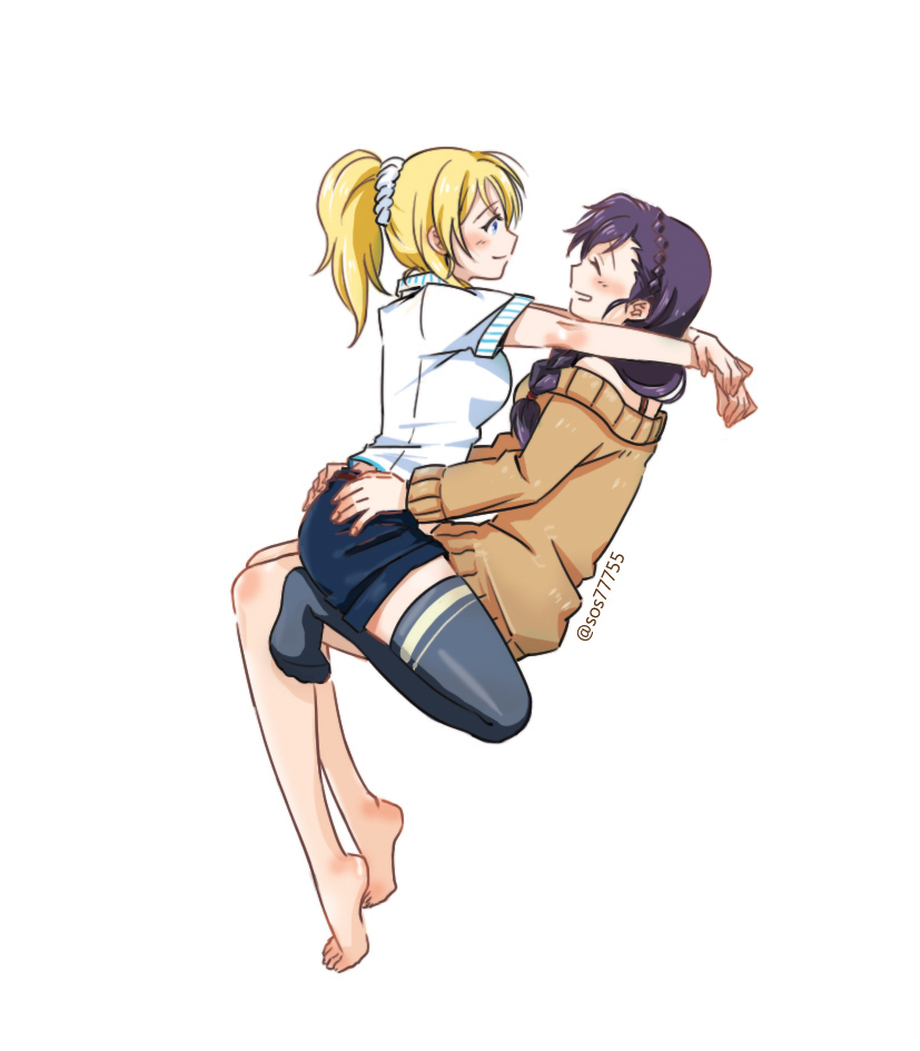 arms_around_neck ayase_eli barefoot blonde_hair blush closed_eyes love_live! love_live!_school_idol_project ponytail purple_hair sitting sitting_on_lap sitting_on_person sos77755 sweater thigh-highs toujou_nozomi twitter_username white_background yuri