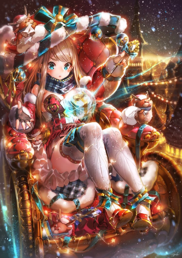 1girl :o arm_up bangs bare_shoulders black_eyes black_gloves blue_bow blue_eyes blue_ribbon blue_scarf blush bow box breasts brown_hair carriage christmas christmas_lights christmas_ornaments cityscape cleavage commentary creature dress fingerless_gloves full_body fur-trimmed_jacket fur_trim gem gift gift_box gloves hakura_kusa hand_up hat holding holding_sack holding_wand jacket knees_up large_breasts light_trail long_hair long_sleeves looking_down magic night night_sky off_shoulder open_clothes open_jacket original outstretched_hand plaid plaid_scarf print_legwear red_dress red_footwear red_hat red_jacket reindeer ribbon sack santa_hat scarf shiny shiny_hair short_dress sidelocks signature sitting sky snowing straight_hair strapless strapless_dress striped striped_ribbon sweat swept_bangs thick_eyebrows thigh-highs thigh_ribbon tower v-shaped_eyes wand white_legwear yellow_ribbon