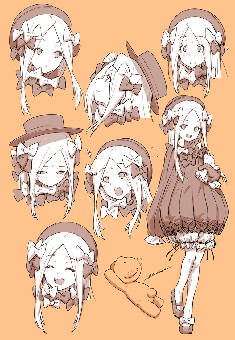 /\/\/\ 1girl :d ^_^ abigail_williams_(fate/grand_order) bangs bloomers blush bow brown_background chestnut_mouth closed_eyes closed_mouth dress eyebrows_visible_through_hair fate/grand_order fate_(series) forehead hair_bow hat kazuma_muramasa long_hair long_sleeves mary_janes monochrome multiple_views nose_blush object_hug open_mouth parted_bangs parted_lips profile shoes sidelocks signature simple_background sleeves_past_fingers sleeves_past_wrists smile standing standing_on_one_leg stuffed_animal stuffed_toy tears teddy_bear underwear upper_teeth very_long_hair