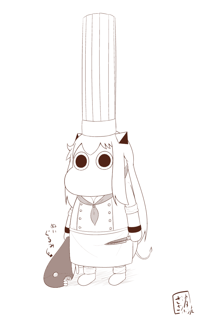 (o)_(o) 1girl apron chef_hat chef_uniform commentary_request cosplay hat holding holding_knife horns i-class_destroyer kantai_collection kawaii_cook-san kitchen_knife knife long_hair mittens monochrome moomin moomintroll muppo northern_ocean_hime sazanami_konami shinkaisei-kan shoes sidelocks solo tail teeth tonberry translation_request