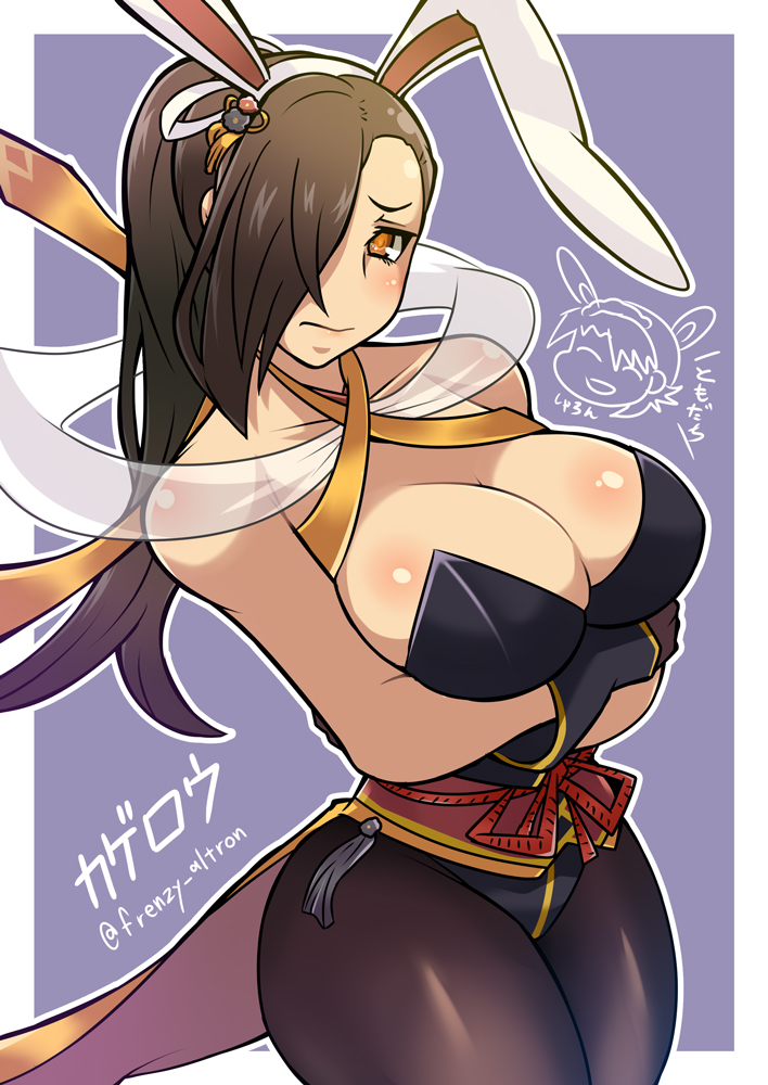 1girl animal_ears blush breasts brown_eyes brown_hair bunny_girl bunny_tail bunnysuit cleavage detached_collar fake_animal_ears fire_emblem fire_emblem_heroes fire_emblem_if fishnet_pantyhose fishnets hair_over_one_eye kagerou_(fire_emblem_if) kyouran_souryuu large_breasts leotard long_hair ninja pantyhose ponytail rabbit_ears sharena solo tail wrist_cuffs