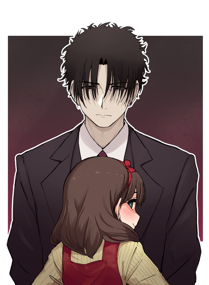 1boy 1girl black_hair blue_eyes blush borrowed_character bow brown_hair business_suit commentary_request earrings expressionless eyebrows_visible_through_hair formal gradient gradient_background hair_over_eyes hairband heart heart-shaped_pupils height_difference idolmaster idolmaster_cinderella_girls jewelry looking_back messy_hair omaru_gyuunyuu producer_(idolmaster) ribbon sakuma_mayu smile stud_earrings suit symbol-shaped_pupils upper_body