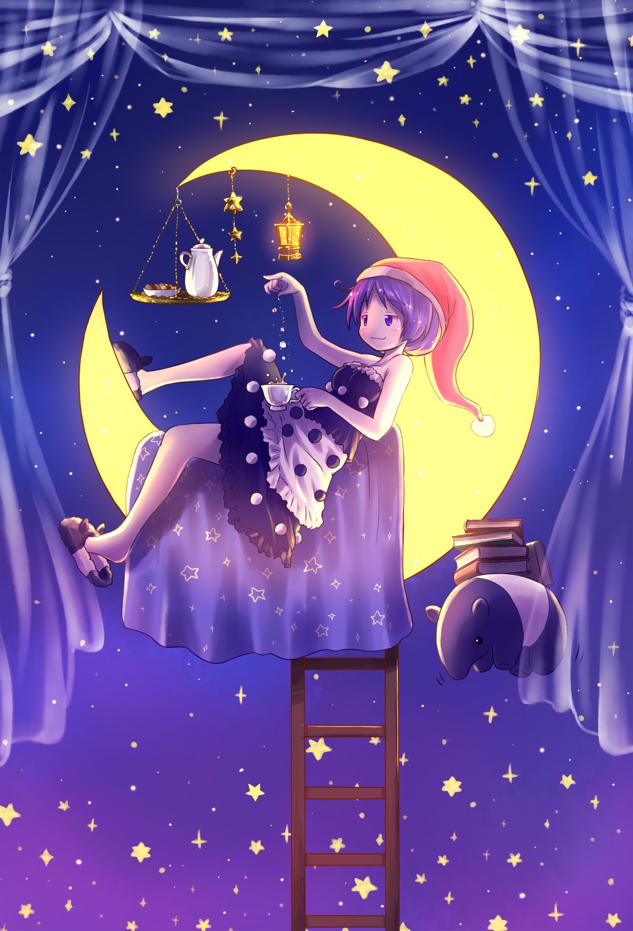 1girl :3 animal arinu bare_legs bare_shoulders biscuit blue_eyes blue_hair blush book closed_mouth commentary_request crescent_moon cup curtains doremy_sweet dress dropping eyebrows_visible_through_hair floating food hanging hat highres kettle ladder lantern moon multicolored multicolored_clothes multicolored_dress night night_sky nightcap no_tail pom_pom_(clothes) red_hat short_hair sitting_on_moon sky slippers splashing star star_(sky) sugar_cube tapir teacup touhou tray