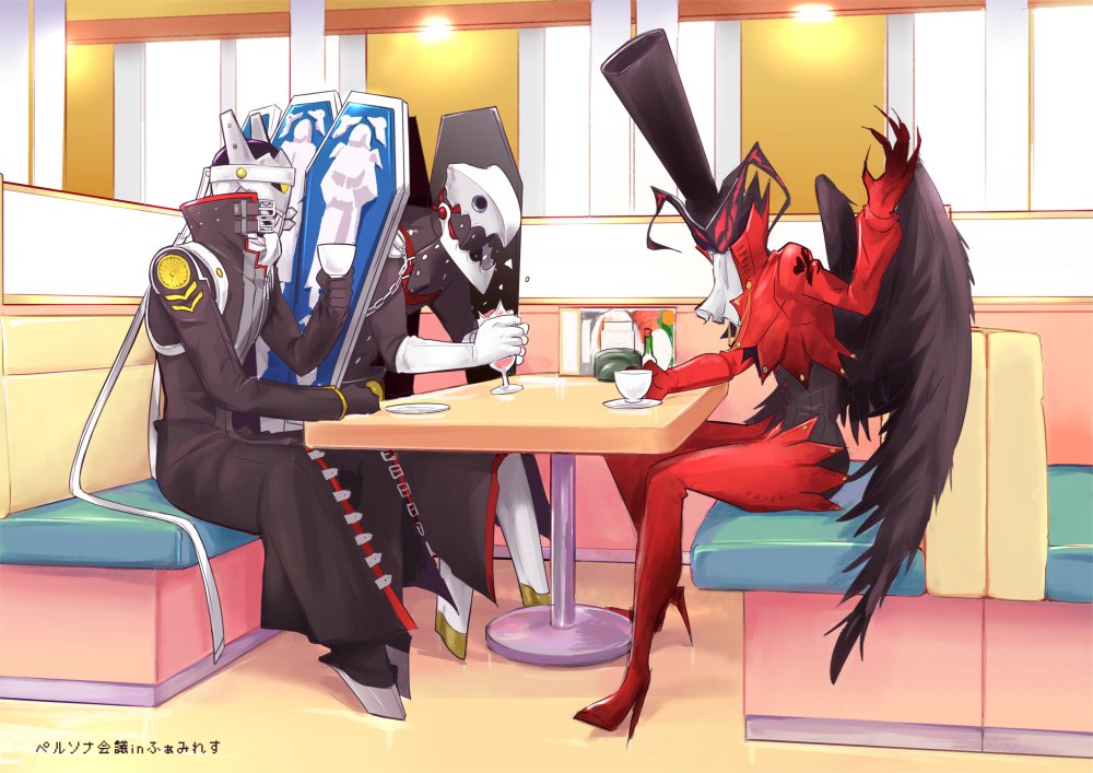 arsene_(persona_5) beckoning black_coat black_wings booth coffee_cup cravat crossover crushing cup diner drinking_glass gloves hat high_heels izanagi jacket long_coat looking_at_viewer no_humans persona persona_3 persona_4 persona_5 red_jacket saucer shield shiweru sitting thanatos top_hat white_gloves wings yellow_eyes