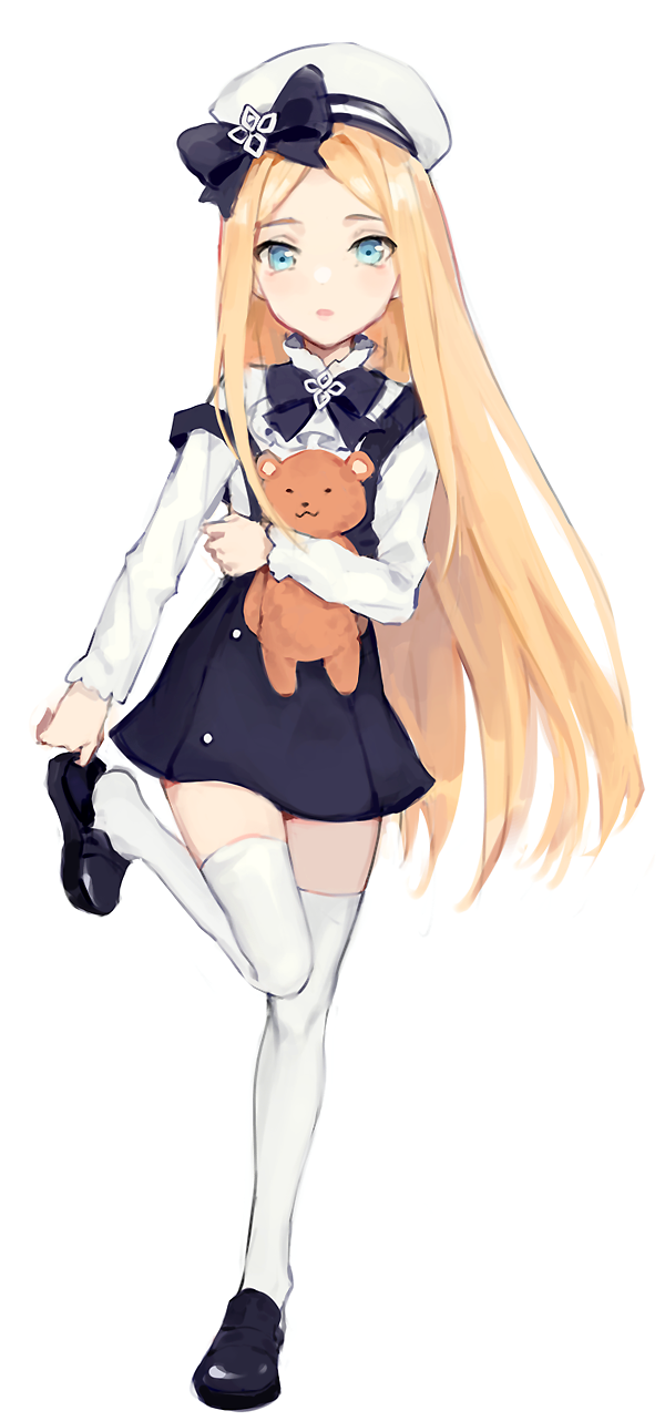 1girl :3 abigail_williams_(fate/grand_order) alternate_costume bangs beret black_bow black_dress black_footwear blonde_hair blue_eyes bow commentary_request dress fate/grand_order fate_(series) full_body hat hat_bow highres loafers long_hair long_sleeves looking_at_viewer nara_(syrufruit) object_hug parted_bangs parted_lips shirt shoes sleeveless sleeveless_dress solo standing standing_on_one_leg stuffed_animal stuffed_toy teddy_bear thigh-highs very_long_hair white_hat white_legwear white_shirt