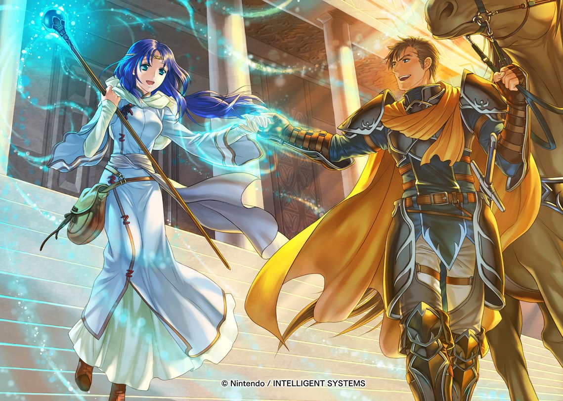 1boy 1girl armor commentary dress elena_(fire_emblem) fire_emblem fire_emblem:_souen_no_kiseki fire_emblem_cipher full_body glowing greil holding horse kita_senri long_hair official_art outdoors short_hair staff weapon