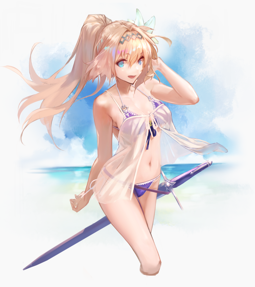 1girl :d arm_behind_back arm_up babydoll bare_shoulders bikini blonde_hair blue_eyes blue_sky breasts cleavage clouds collarbone cropped_legs day eyebrows_visible_through_hair flower front-tie_bikini front-tie_top granblue_fantasy ha2ru hair_between_eyes hair_flower hair_intakes hair_ornament hairband halterneck hand_in_hair high_ponytail horizon jeanne_d'arc_(granblue_fantasy) light_brown_hair long_hair looking_at_viewer medium_breasts navel ocean open_mouth outdoors purple_bikini purple_ribbon ribbon sheath sheathed side-tie_bikini sky smile solo standing stomach swimsuit sword thighs under_boob water weapon white_ribbon