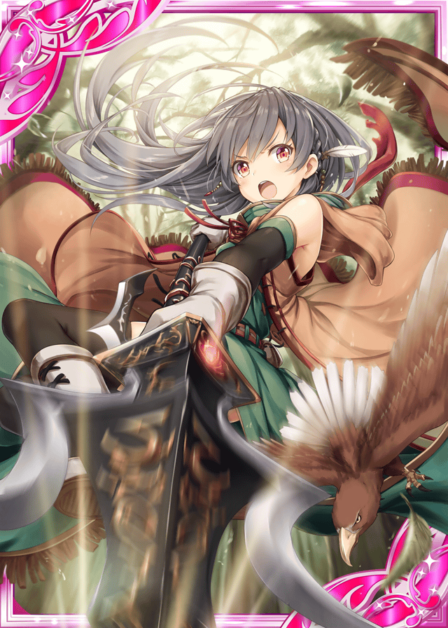 1girl akkijin bird boots brown_gloves card_(medium) coat feathers forest gloves green_coat grey_hair hawk holding holding_lance holding_weapon lance nature official_art orange_eyes polearm shinkai_no_valkyrie solo thigh-highs weapon
