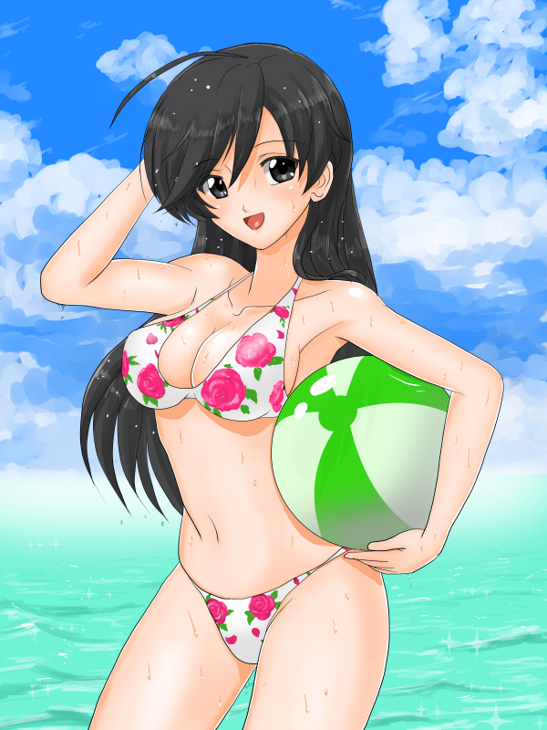 1girl ahoge beachball bikini black_eyes black_hair floral_print girls_und_panzer isuzu_hana long_hair looking_at_viewer matsui_yasutsugu ocean open_mouth rose rose_print solo wet white_bikini