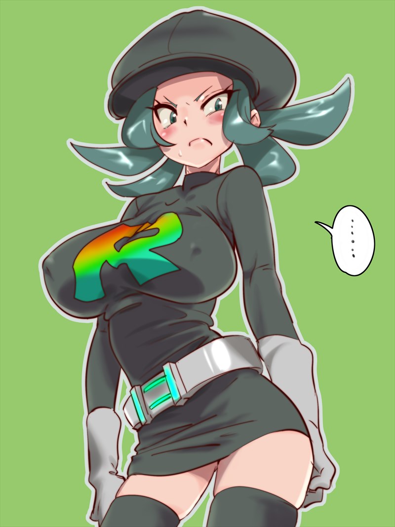&gt;:( 1girl adapted_costume belt blue_eyes blue_hair blush breasts cabbie_hat dress erect_nipples gloves green_background half-closed_eyes hat large_breasts long_sleeves pokemon pokemon_(game) pokemon_usum simple_background skirt solo sweatdrop team_rainbow_rocket team_rainbow_rocket_grunt team_rainbow_rocket_uniform thigh-highs twintails zaitsu