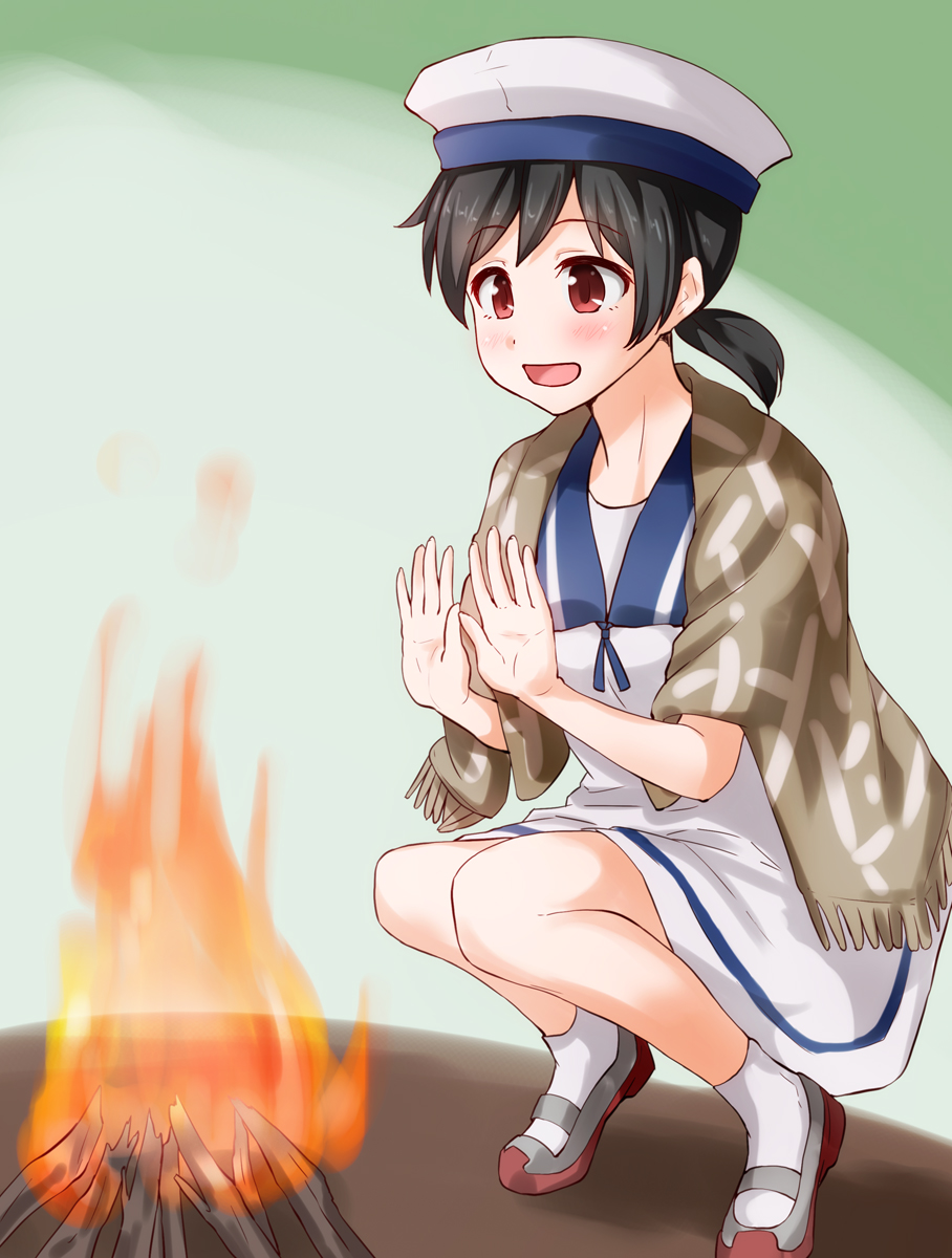 1girl anti_(untea9) black_hair brown_shawl campfire commentary_request dress full_body hat hiburi_(kantai_collection) highres kantai_collection open_mouth ponytail red_eyes sailor_collar sailor_dress sailor_hat shawl shoes short_hair short_ponytail smile solo squatting twitter_username uwabaki warming white_dress white_hat