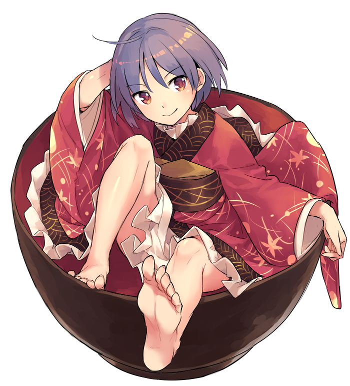 1girl ahoge barefoot bowl closed_mouth eyebrows_visible_through_hair feet full_body guwatefu japanese_clothes kimono knee_up light_smile long_sleeves looking_at_viewer minigirl obi purple_hair red_eyes red_kimono sash shiny shiny_hair short_hair simple_background sitting solo sukuna_shinmyoumaru touhou white_background wide_sleeves