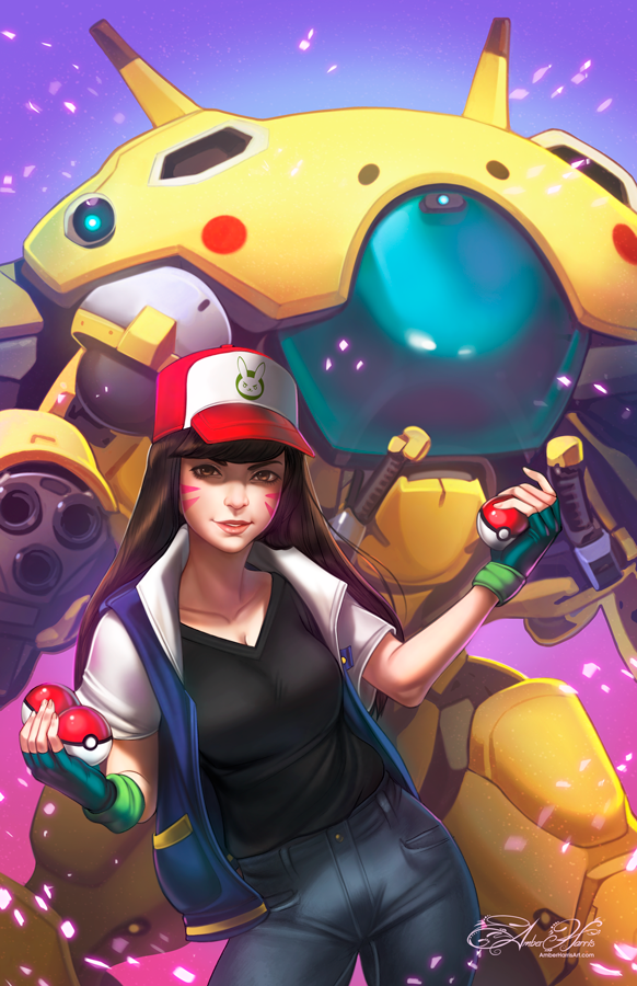 1girl amber_harris baseball_cap breasts brown_eyes brown_hair cleavage commentary cosplay d.va_(overwatch) facepaint facial_mark fingerless_gloves gloves green_gloves hat holding holding_poke_ball jacket large_breasts long_hair looking_at_viewer mecha meka_(overwatch) open_clothes open_jacket overwatch pikachu poke_ball pokemon pokemon_(anime) satoshi_(pokemon) satoshi_(pokemon)_(cosplay) short_sleeves signature solo watermark web_address whisker_markings