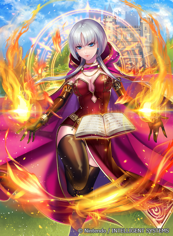 1girl bangs blue_eyes blue_sky book breasts cape castle character_request cleavage clouds commentary company_name copyright_name day dress earrings elbow_gloves eyebrows_visible_through_hair fire_emblem fire_emblem:_seisen_no_keifu fire_emblem_cipher floating floating_object gloves hood hood_down jewelry lips looking_at_viewer magic matsurika_youko medium_breasts official_art open_book short_hair silver_hair sky solo strapless strapless_dress
