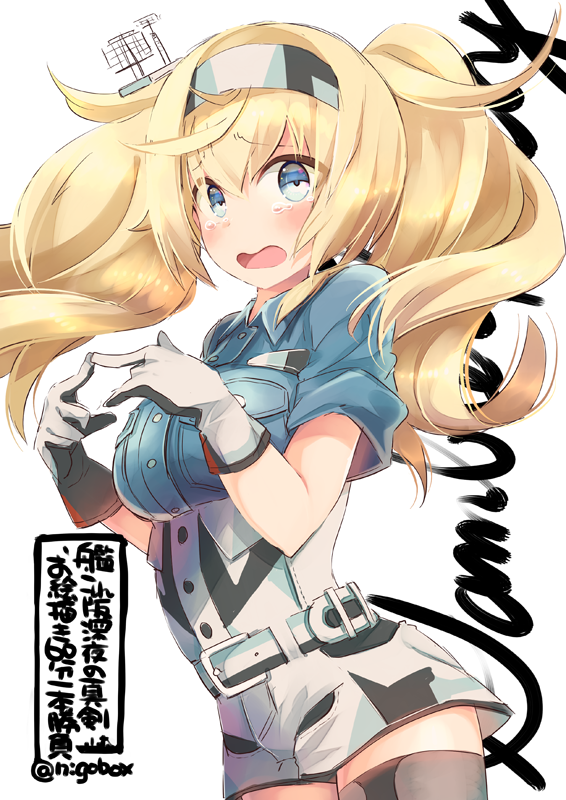1girl blonde_hair blue_eyes blue_shirt breast_pocket breasts character_name collared_shirt fingers_together gambier_bay_(kantai_collection) gloves hair_between_eyes hair_ornament hairband kantai_collection large_breasts long_hair looking_at_viewer multicolored multicolored_clothes multicolored_gloves nigo open_mouth pocket shirt short_sleeves shorts solo thigh-highs twintails twitter_username white_background