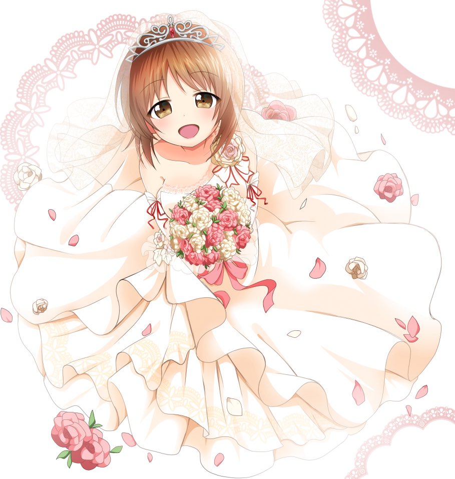 1girl :d bangs bouquet brown_eyes brown_hair commentary dress elbow_gloves eyebrows_visible_through_hair flower flower_request from_above girls_und_panzer gloves holding long_dress looking_at_viewer looking_up nishizumi_miho open_mouth parda_siko petals short_hair smile solo standing tiara wedding white_background white_dress white_gloves