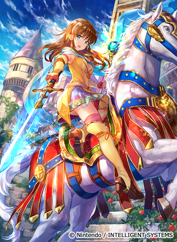 1girl bangs blue_eyes breasts brown_hair commentary company_connection copyright_name day eyebrows_visible_through_hair fingerless_gloves fire_emblem fire_emblem:_souen_no_kiseki fire_emblem_cipher fuji_choko gloves holding holding_sword holding_weapon horse horseback_riding long_hair looking_at_viewer medium_breasts mist_(fire_emblem) official_art open_mouth outdoors pleated_skirt riding skirt solo staff sword thigh-highs weapon zettai_ryouiki