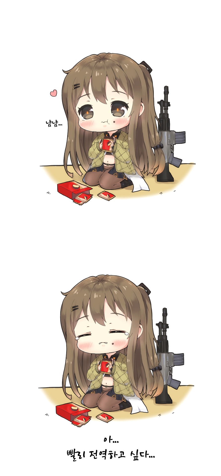 1girl :t assault_rifle bangs black_footwear black_gloves blush boots brown_eyes brown_hair brown_legwear closed_eyes closed_mouth commentary_request daewoo_k2 eating eyebrows_visible_through_hair fingerless_gloves food food_on_face foreign_blue girls_frontline gloves green_jacket gun hair_ornament hairclip highres holding jacket k-2_(girls_frontline) korean korean_commentary long_hair long_sleeves midriff navel open_clothes open_jacket pantyhose parted_lips rifle seiza sitting sleeves_past_wrists tears translation_request very_long_hair wavy_mouth weapon