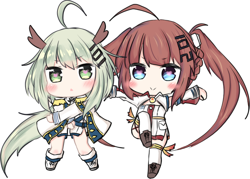 2girls :&gt; :&lt; ahoge anshan_(azur_lane) azur_lane bailingxiao_jiu bangs blue_eyes blush boots braid brown_footwear brown_hair cape chibi closed_mouth commentary_request cross-laced_footwear detached_sleeves dress epaulettes eyebrows_visible_through_hair fu_shun_(azur_lane) green_eyes green_hair hair_ornament heart heart-shaped_pupils horns lace-up_boots long_hair long_sleeves looking_at_viewer multiple_girls outstretched_arms parted_lips shoes short_dress sidelocks simple_background standing standing_on_one_leg symbol-shaped_pupils thigh-highs triangle_mouth twintails very_long_hair white_background white_cape white_dress white_footwear white_legwear