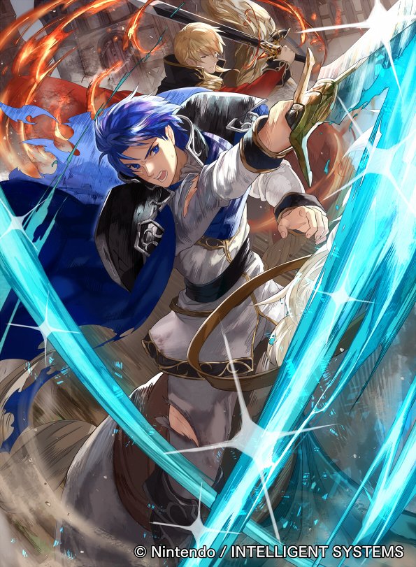 armor blonde_hair blue_hair cape fire_emblem fire_emblem:_seisen_no_keifu fire_emblem_cipher headband male_focus mayo_(becky2006) official_art short_hair sigurd_(fire_emblem) sword weapon