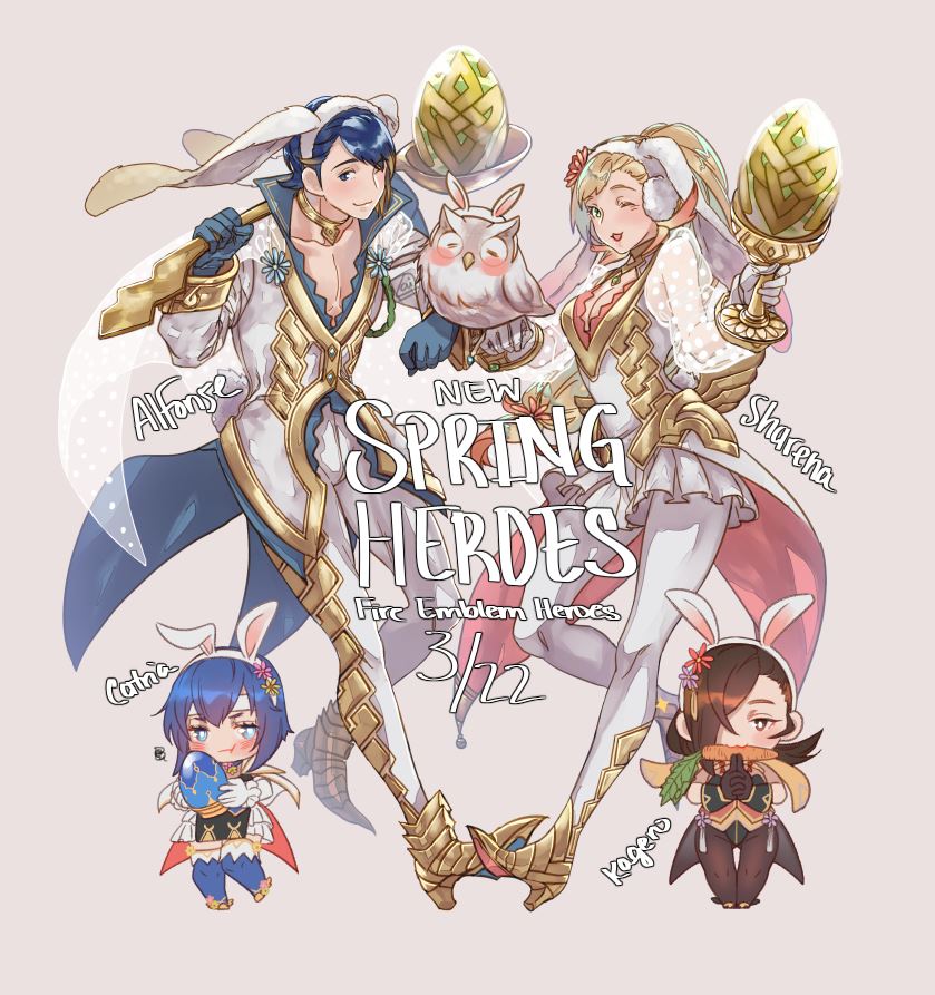 1boy alfonse_(fire_emblem) animal_ears bird blonde_hair blue_eyes blue_hair blush breasts brown_hair bunny_girl bunny_tail bunnysuit chibi cleavage detached_collar earmuffs english fake_animal_ears feh_(fire_emblem_heroes) fire_emblem fire_emblem:_mystery_of_the_emblem fire_emblem_heroes fire_emblem_if gloves hair_over_one_eye headband kagerou_(fire_emblem_if) katua krazehkai large_breasts leotard long_hair looking_at_viewer multicolored_hair ninja open_mouth owl pegasus_knight ponytail rabbit_ears sharena short_hair simple_background smile strapless strapless_leotard tail weapon