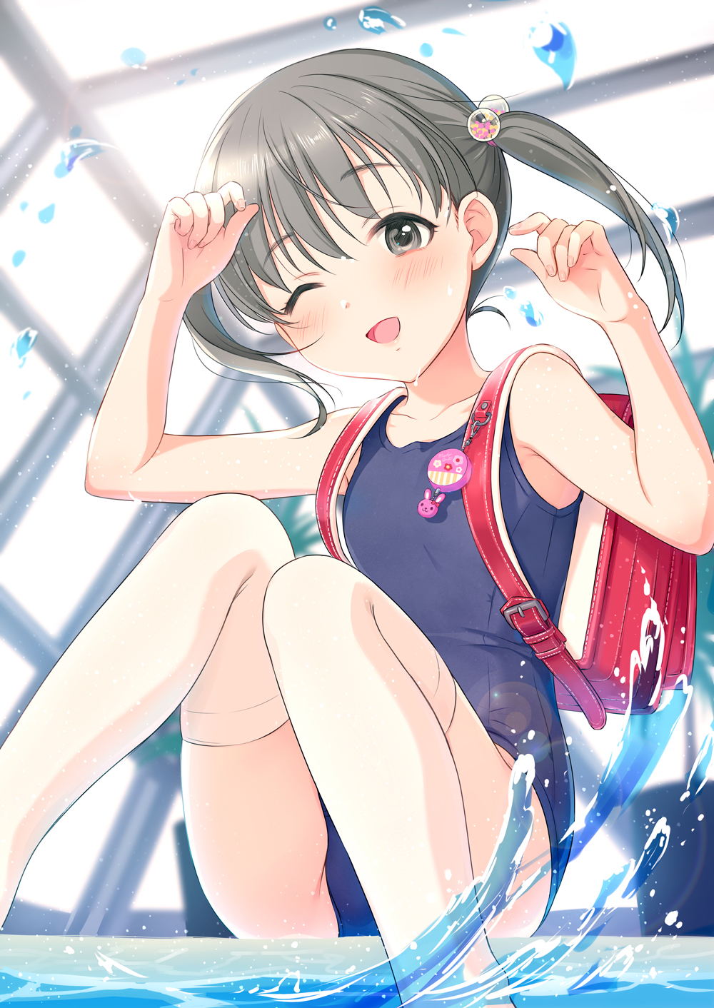 1girl :d backpack bag bangs bare_arms bare_shoulders blue_swimsuit blurry blurry_foreground blush commentary_request depth_of_field eyebrows_visible_through_hair feet_out_of_frame fingernails grey_eyes grey_hair hair_bobbles hair_ornament hands_up highres looking_at_viewer one-piece_swimsuit one_eye_closed open_mouth original pool randoseru rei_no_pool school_swimsuit sitting smile solo swimsuit thigh-highs tsukana_(saba_mizore) twintails wading water white_legwear