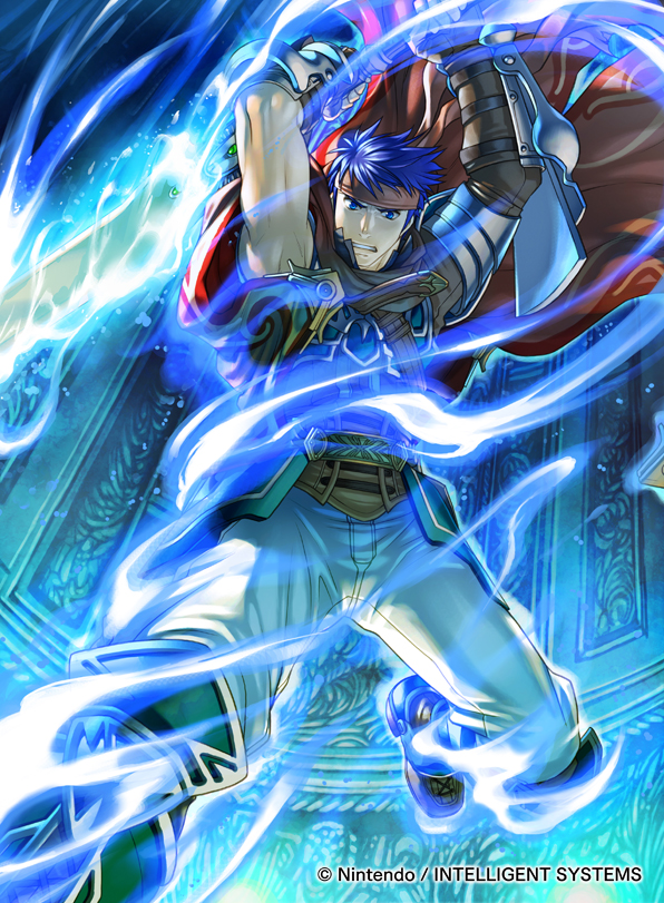 1boy armor blue_eyes blue_hair blue_scarf cape fire_emblem fire_emblem:_akatsuki_no_megami fire_emblem:_souen_no_kiseki fire_emblem_cipher gloves headband ike kita_senri male_focus official_art ragnell scarf short_hair sword weapon