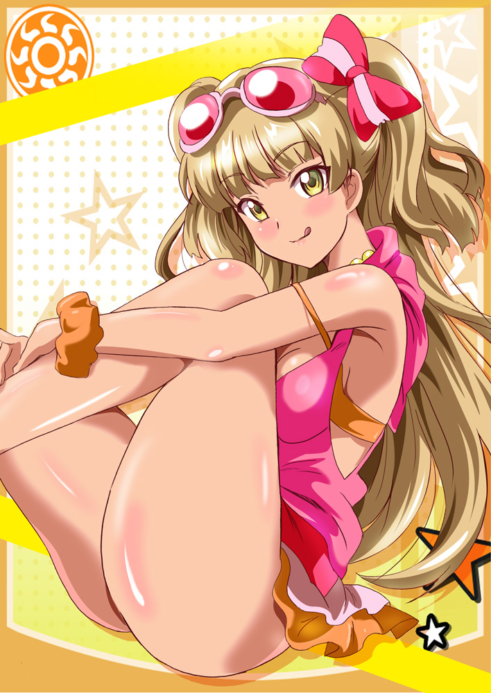 1girl :p blonde_hair blush bow bra commentary_request decoration_(idolmaster) eyewear_on_head green_eyes hair_bow idolmaster idolmaster_cinderella_girls jougasaki_rika long_hair orange_bra scrunchie skirt solo sunglasses tongue tongue_out two_side_up underwear washizuka_shou wrist_scrunchie