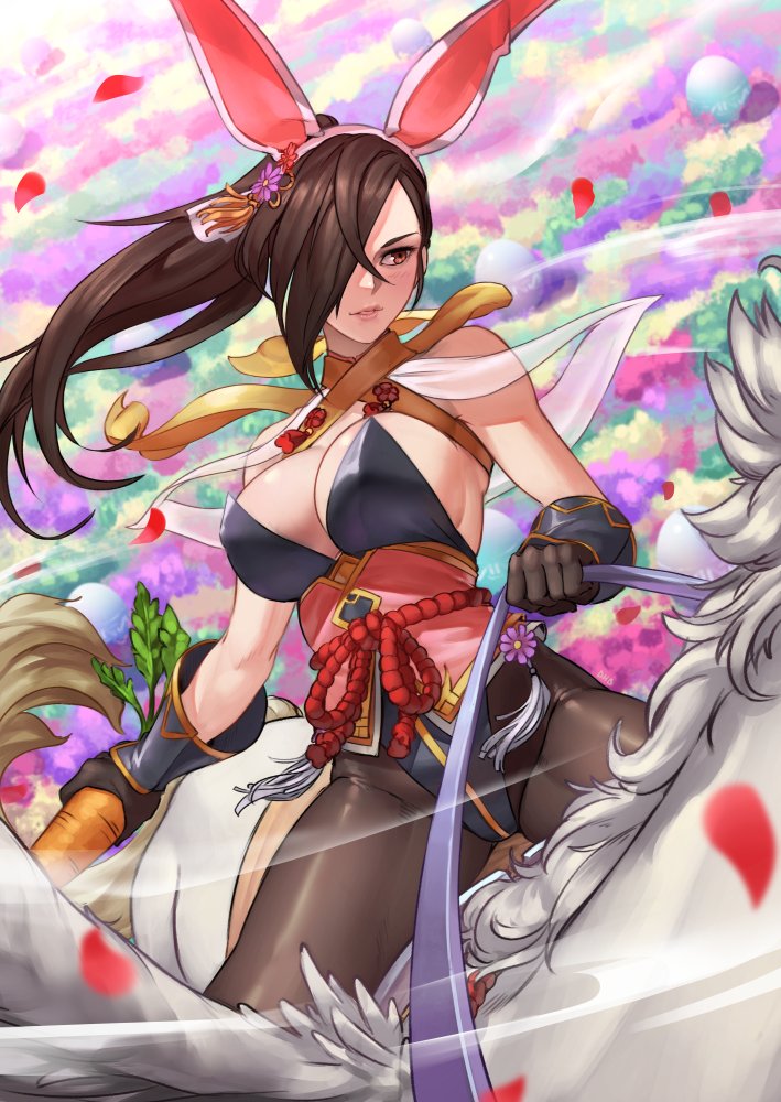 1girl alternate_costume animal_ears black_hair breasts bunnysuit carrot cleavage dog_hate_burger fake_animal_ears fire_emblem fire_emblem_heroes fire_emblem_if hair_over_one_eye kagerou_(fire_emblem_if) large_breasts pantyhose pegasus petals ponytail rabbit_ears riding solo